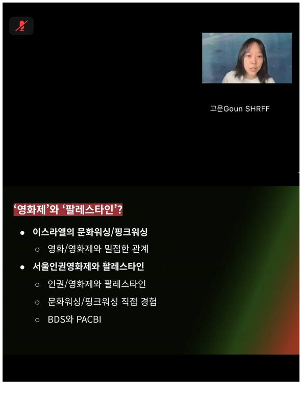 스크린샷. 서울인권영화제 고운 활동가 발표 중인 줌 화면. '영화제'와 '팔레스타인'의 관계성에 대한 슬라이드가 떠 있다.